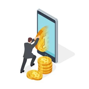 Bitcoin mining and cryptocurrency exchange vector 3d isolated on white Illustrazione stock