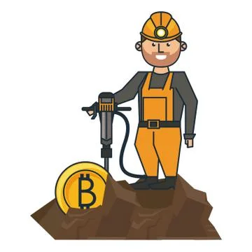 Bitcoin mining and worker with drill Stock Illustration