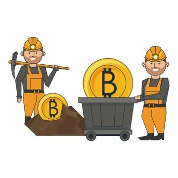 Bitcoin mining and workers with pick 스톡 일러스트