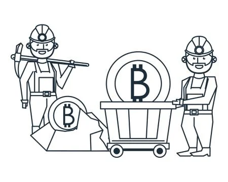 Bitcoin mining and workers with pick 스톡 일러스트