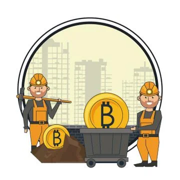 Bitcoin mining and workers with pick 스톡 일러스트