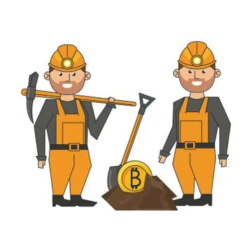 Bitcoin mining and workers with picks 스톡 일러스트