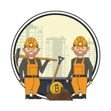 Bitcoin mining and workers with picks 스톡 일러스트
