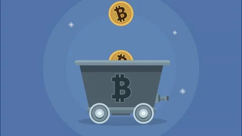 Bitcoin mining animation with gold coins falling into a digital mine cart o.. Stock-Footage 338403243