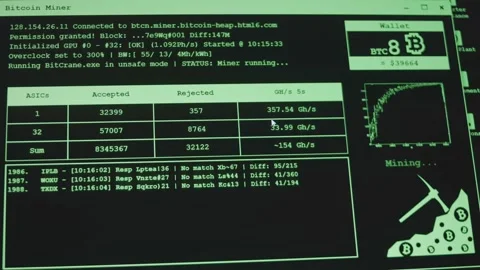 Bitcoin mining application on computer screen. Tracking mining process Stock Footage 272593536