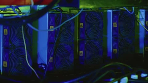 Bitcoin mining ASIC units with cables and warning labels Stock Footage 311563759
