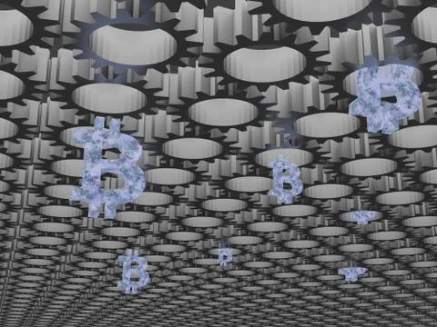 Bitcoin mining birth gear concept 3d render 스톡 일러스트
