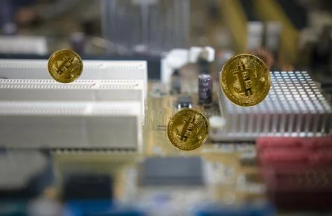 Bitcoin mining in the blockchain network through the computer Stock Photos