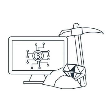 Bitcoin mining from computer and pick tool Illustrazione stock