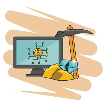 Bitcoin mining from computer and pick tool Illustrazione stock