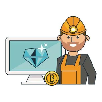 Bitcoin mining computer and worker Illustrazione stock