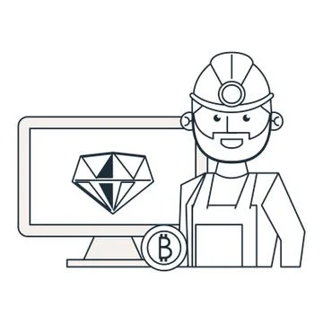 Bitcoin mining computer and worker 스톡 일러스트