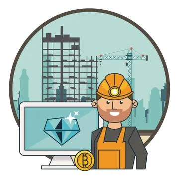 Bitcoin mining computer and worker Stock Illustration