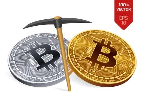 Bitcoin mining concept. 3D isometric Physical bit coin with pickaxe. Digital  Stock Illustration