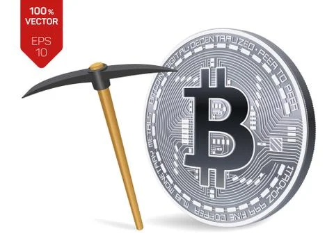 Bitcoin mining concept. 3D isometric Physical bit coin with pickaxe. Digital  Illustrazione stock