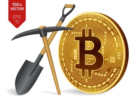 Bitcoin mining concept. 3D isometric Physical bit coin with pickaxe and shove Stock Illustration