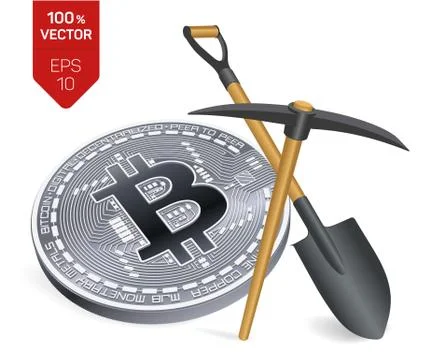 Bitcoin mining concept. 3D isometric Physical bit coin with pickaxe and shove Stock Illustration
