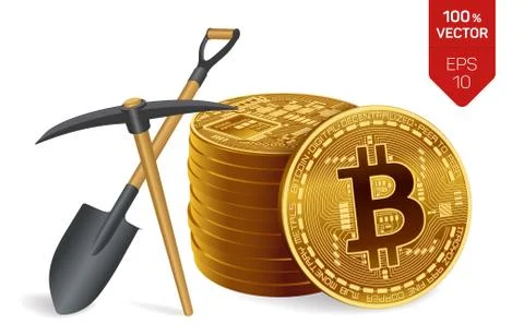 Bitcoin mining concept. 3D isometric Physical bit coins with pickaxe and shov イラスト素材