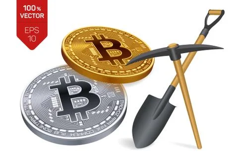 Bitcoin mining concept. 3D isometric Physical bit coin with pickaxe and shove Stock Illustration