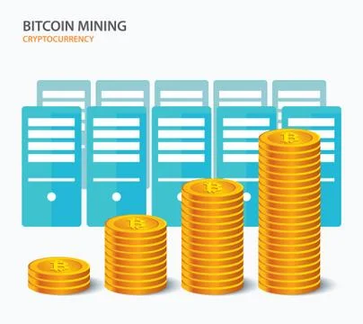 Bitcoin mining concept cryptocurrency farm working computer background. Illustrazione stock