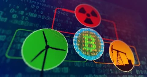 Bitcoin mining concept with energy nuclear wind turbine and oil Stock Illustration