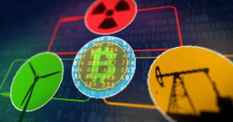 Bitcoin mining concept with energy nuclear wind turbine and oil Stock Illustration