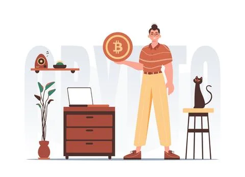 Bitcoin mining concept. A man holds a bitcoin in his hands. Character with .. Stock Illustration