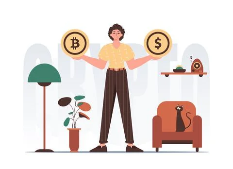 Bitcoin mining concept. A man holds a bitcoin and a dollar in his hands. Ch.. Stock Illustration