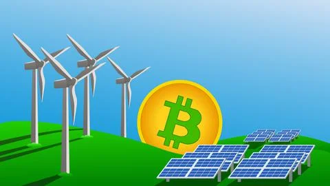 Bitcoin mining concept using green energy to protect environment. Windmills.. Stock Illustration