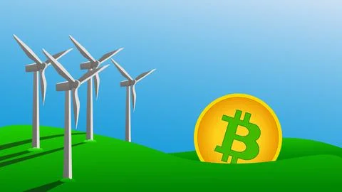 Bitcoin mining concept using green energy to protect environment. Windmills Stock Illustration