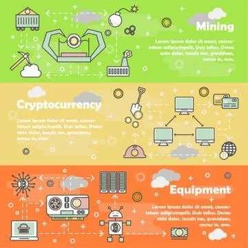 Bitcoin mining concept vector flat line art banner set Stock Illustration