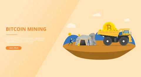 Bitcoin mining concept for website template design with miner mine a golden c Stock Illustration