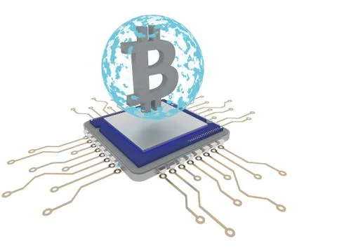 Bitcoin mining on cpu with blue sphere. 3d render イラスト素材
