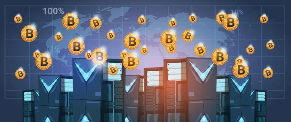 Bitcoin Mining Farm Data center Over World Map Digital Crypto Currency Modern Illustrazione stock