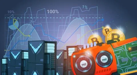 Bitcoin Mining Farm Digital Crypto Currency Modern Web Money Blue Background  Illustrazione stock