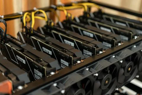 Bitcoin mining farm.  GPU for cryptocurrency miner. Stock Photos