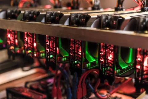 Bitcoin mining farm.  GPU for cryptocurrency miner. Stock Photos