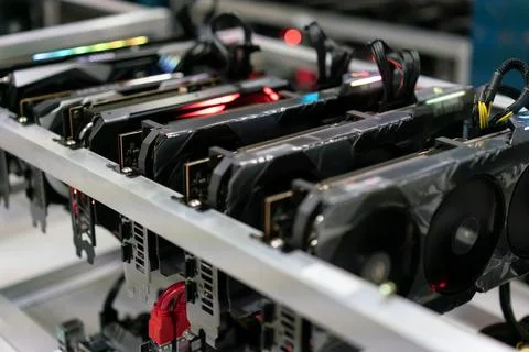 Bitcoin mining farm.  GPU for cryptocurrency miner. Stock Photos