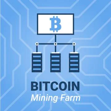 Bitcoin mining farm illustration with title. Computer mining cryptocurrency s Stock Illustration