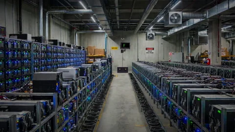 Bitcoin mining farm interior Stock Footage 344222139