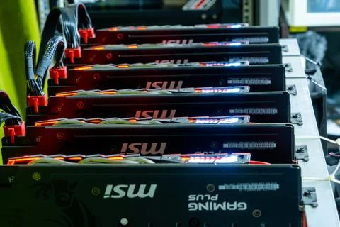 Bitcoin mining farm. IT hardware. Electronic devices with fans. Cryptocurrenc Stock Photos