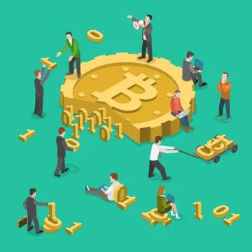 Bitcoin mining flat isometric low poly vector concept Stock Illustration