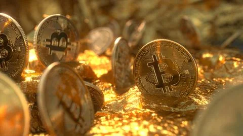 Bitcoin mining in golden cave with some coin in background. Concept of highly Stock Illustration