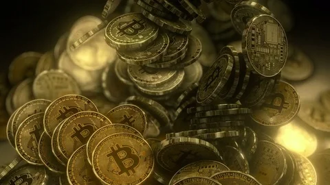 Bitcoin Mining. Growing Stack of Bit Coins BTC. Stock Footage 84425683