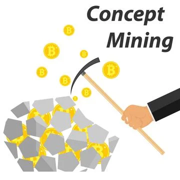 Bitcoin mining. A hand with a pick marks a stone with bitcoins. Stock Illustration
