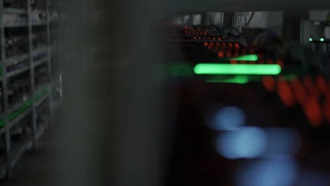 Bitcoin mining in a huge data center. Stock Footage 94762182