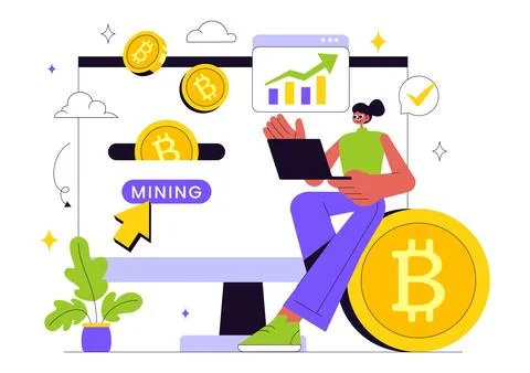 Bitcoin Mining Illustration Featuring a Cryptomining Farm with People Tradi.. Stock Illustration