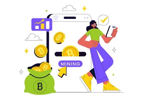 Bitcoin Mining Illustration Featuring a Cryptomining Farm with People Tradi.. Stock Illustration
