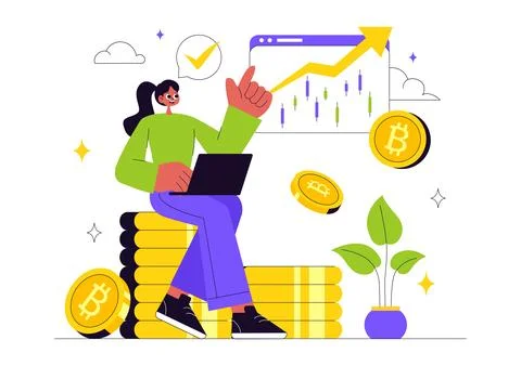 Bitcoin Mining Illustration Featuring a Cryptomining Farm with People Tradi.. Stock Illustration
