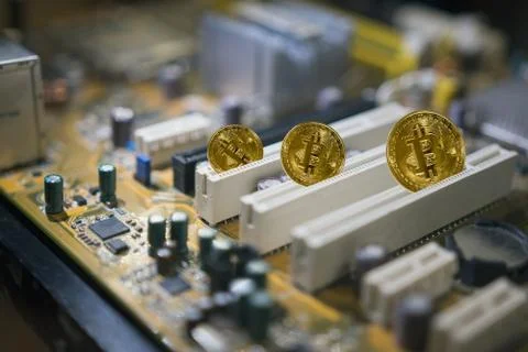 Bitcoin mining inside a computer Stock Photos